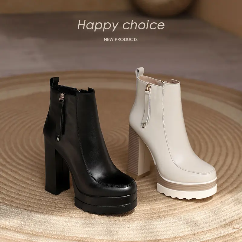 Women's Chunky Heel Platform Leather Side Zip Square Toe Ankle Boots