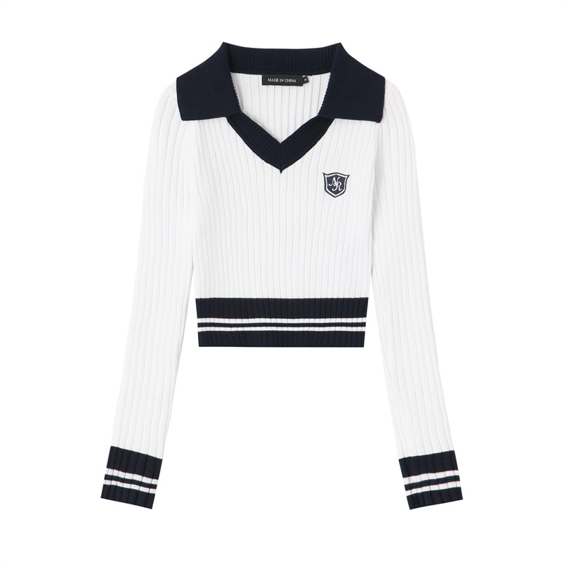 Women's Preppy Style Colorblock Long-sleeved Knitted Short Slim Top - Image 2