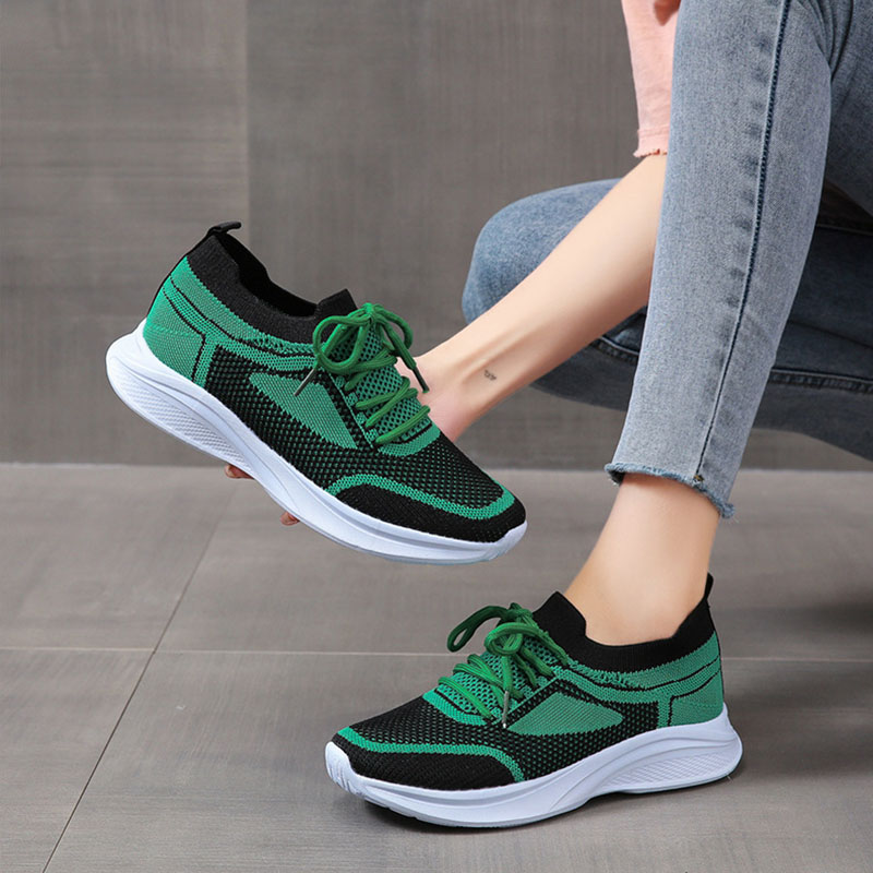 Women Sneakers Lace-up Mesh Green Black Sports Shoes