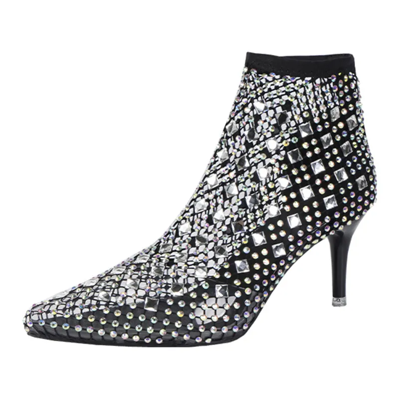 Women's Pointed Toe Stiletto Cutout Rhinestone Boots - Black