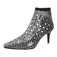 Women's Pointed Toe Stiletto Cutout Rhinestone Boots - Black - View 1