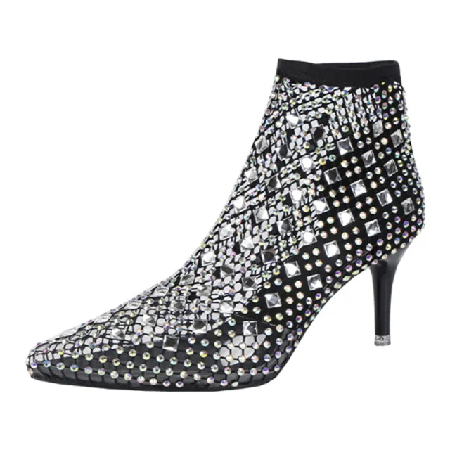 Women's Pointed Toe Stiletto Cutout Rhinestone Boots Black - Shop at LoveMi