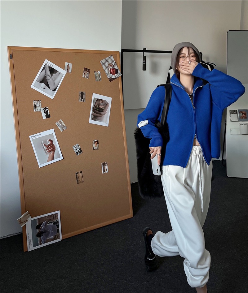 Klein Blue Two-way Zipper Knitted Cardigan For Women Autumn And Winter