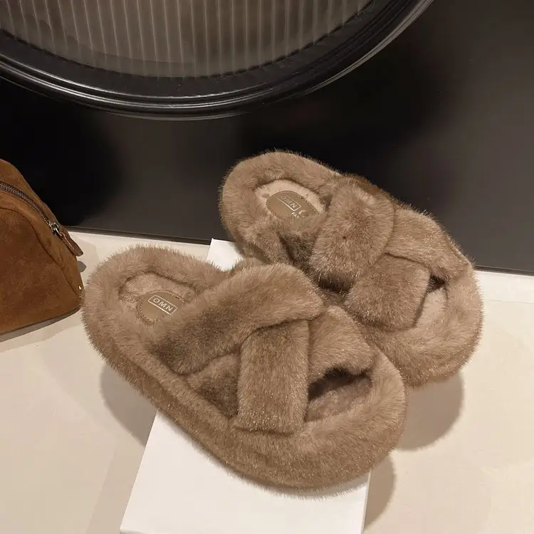 New Women's Plush Slippers CrossStrap Fluffy Slides