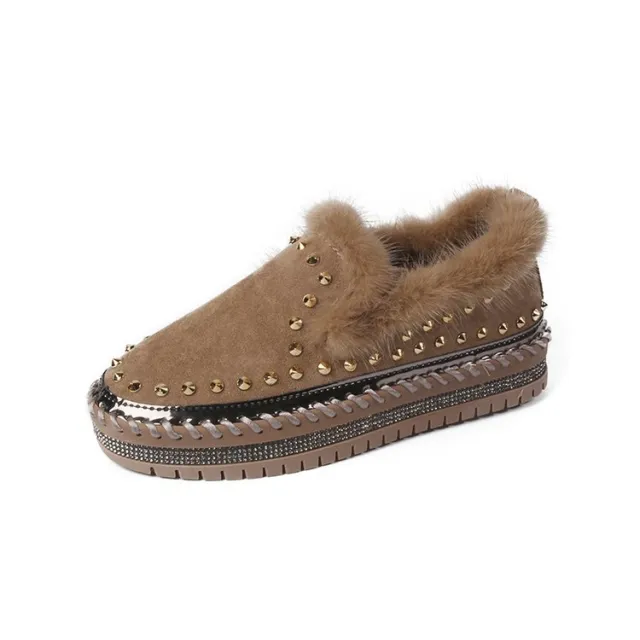A Pedal Thick soled Casual Plus Wool Rivet Lazy Shoes Loafers Single Shoes Platform Khaki - Shop at LoveMi