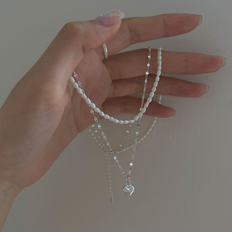 Double Pearl Love Necklace Female 925 Sterling Silver