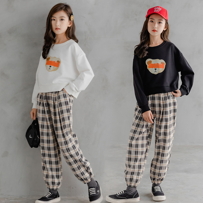 Girls' Casual Suit Cartoon Short Sweater Loose-fitted Plaid Pants
