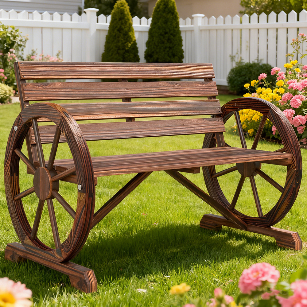 Wooden Wagon Wheel Bench, Rustic Outdoor Patio Weather Resistant Furniture... 2