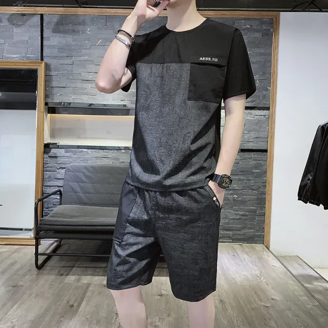 Ice Silk Suit Trendy Sports Color Matching Short sleeved T shirt Black - Shop at LoveMi