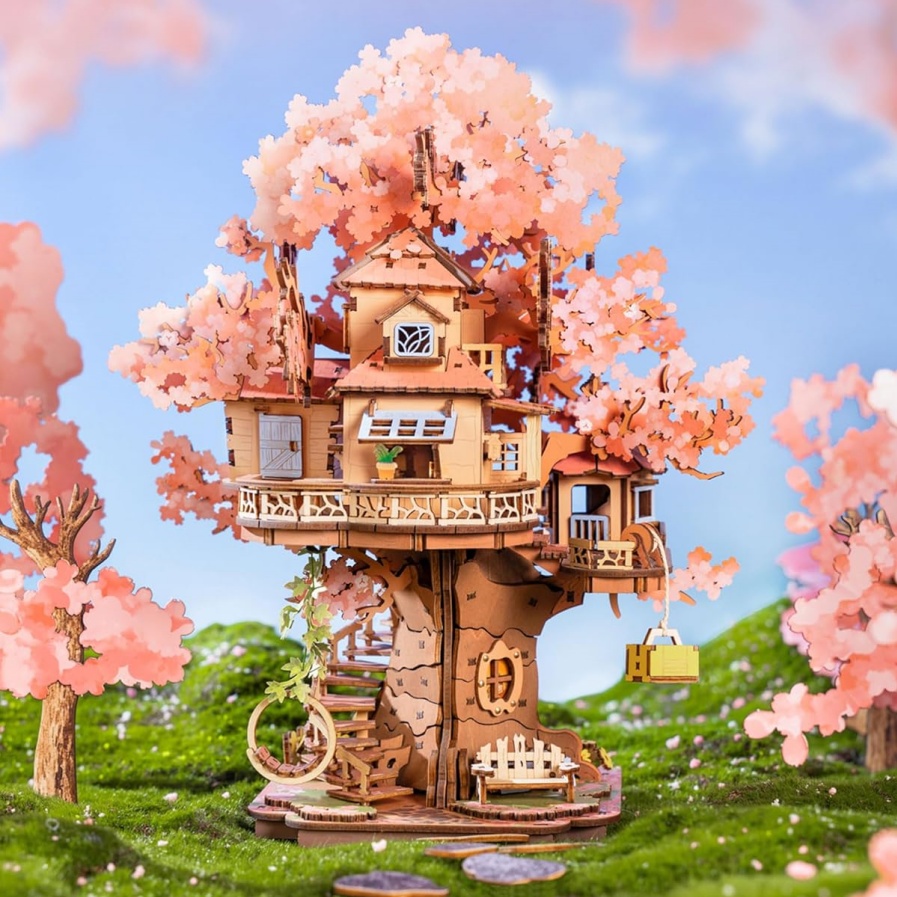 Rolife DIY Miniature Sakura House Set - Sakura Tree House, 3D Wooden Japanese Sakura Building Kit With Swing And Spiral Staircase, 535 Pieces, Bonsai Craft Home Decor Gift For Adults And Teens