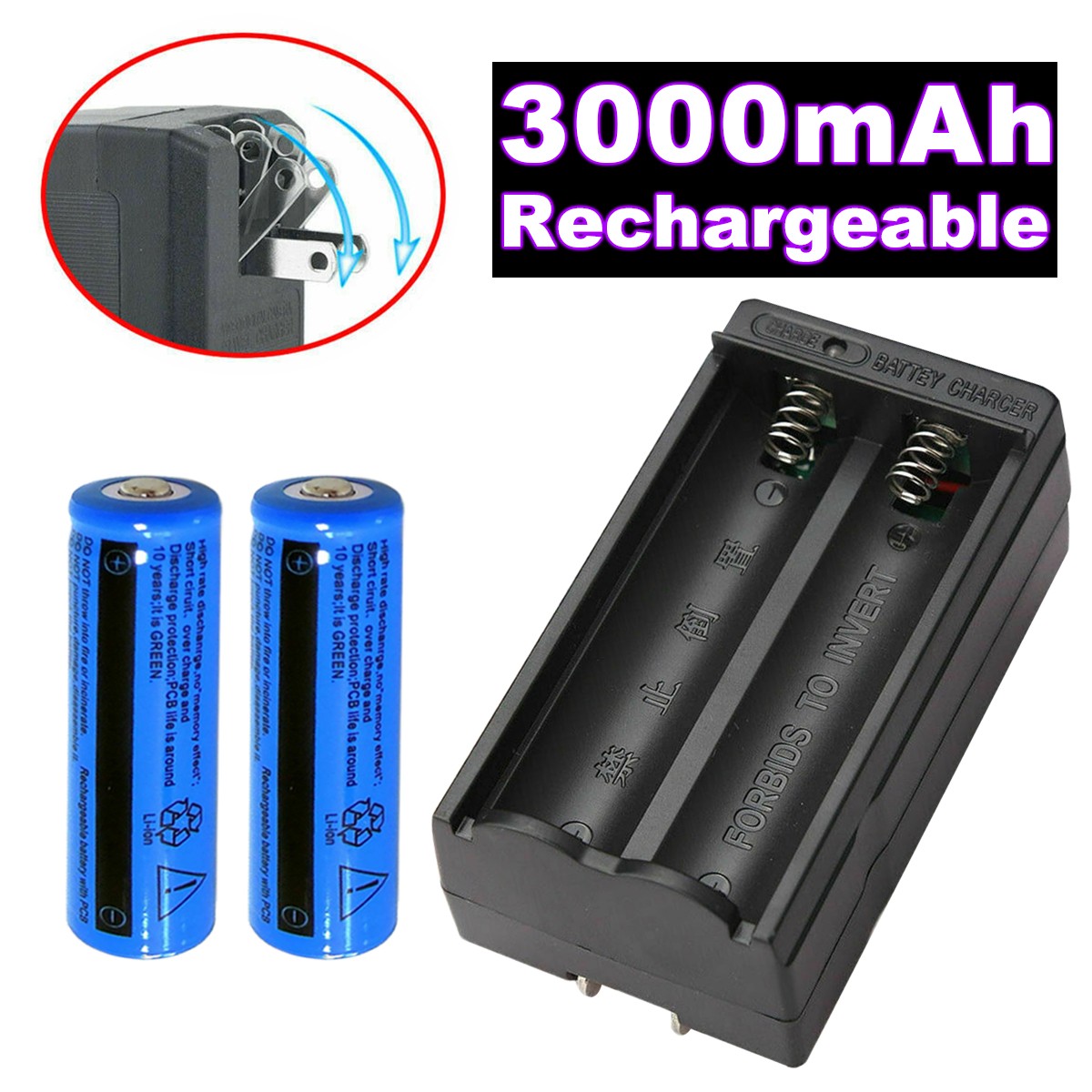 Li-ion Battery&Charger 3000mAh 3.7V Rechargeable Batteries US Plug For Torch Flashlight