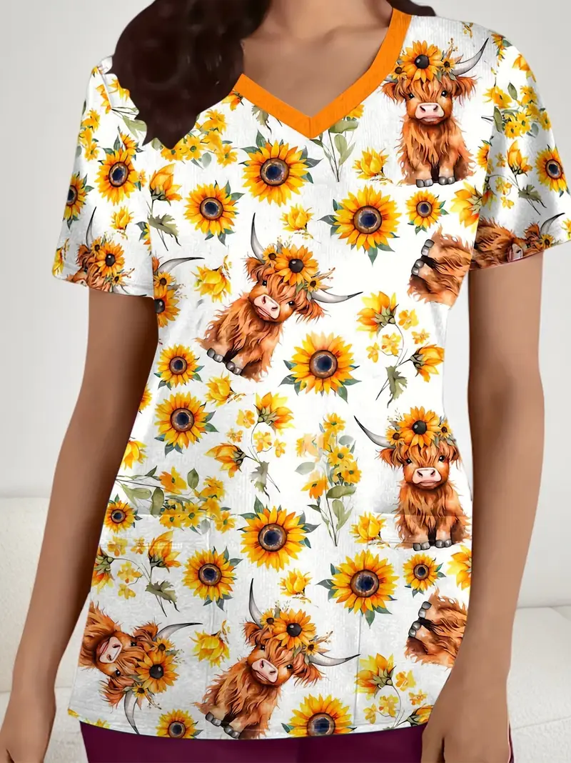 Plus Size Women's Vibrant Print Scrub Top Casual V-Neck Short Sleeve