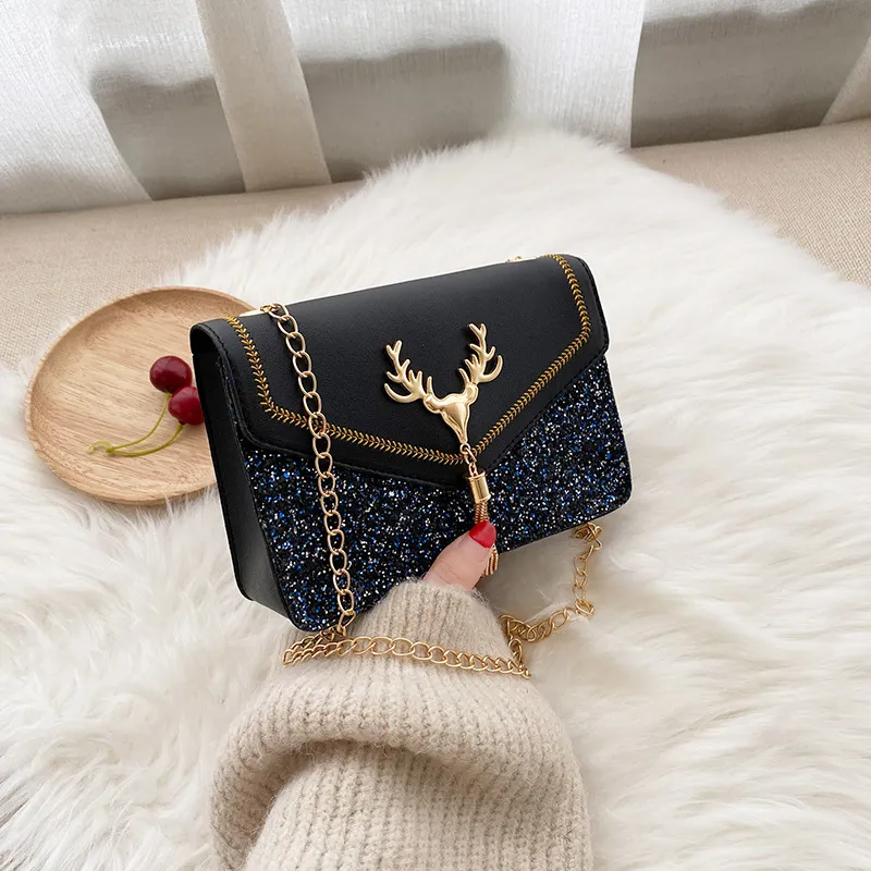 Small Square Bag Frosted Sequins Iron Tassel Colour Matching Chain Mobile Phone Bag - Black
