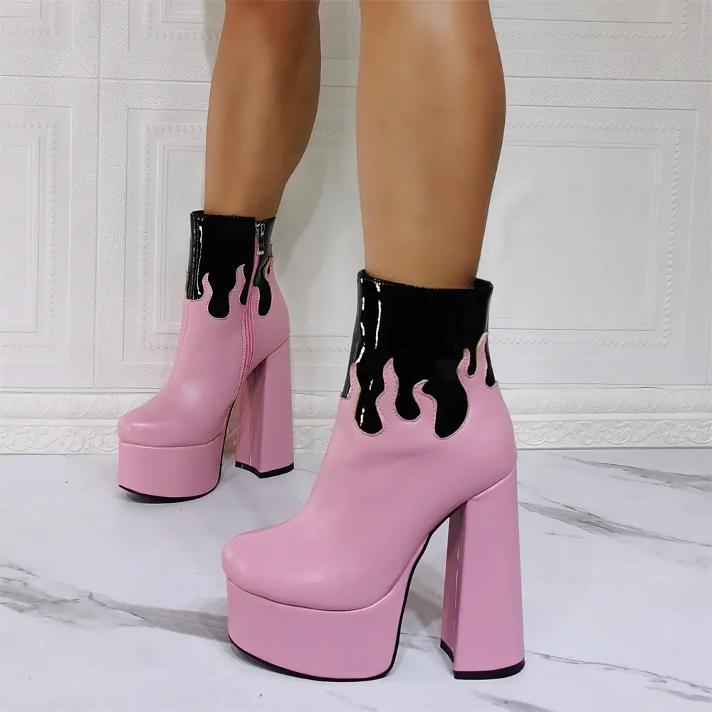 Gothic Water Stage Flame Thick Heel Fashion Super High Heel Plus Size 47 Women's Short Boots