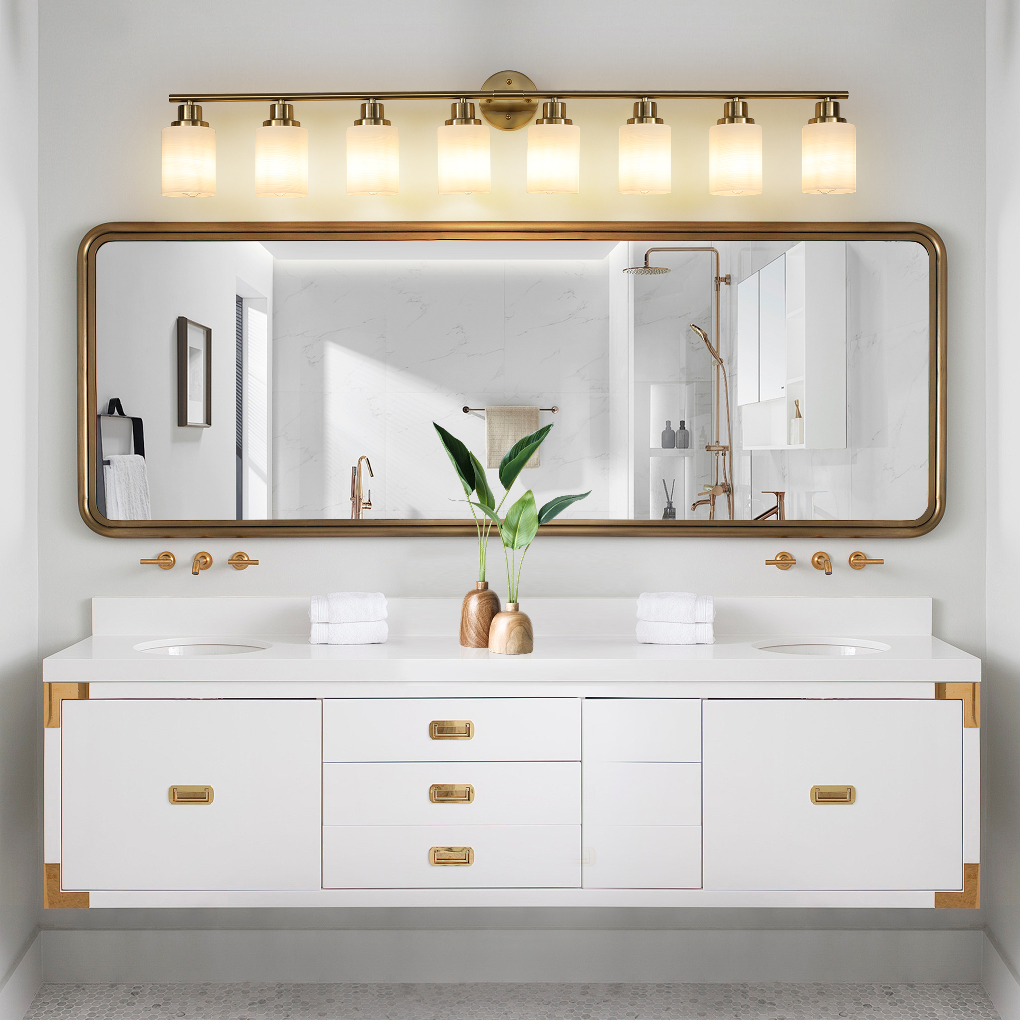 52  Modern 8-Light Vanity Wall Sconce, Golden Finish With Frosted Glass Shades For Bathroom Or Hallway Lighting  No Bulbs