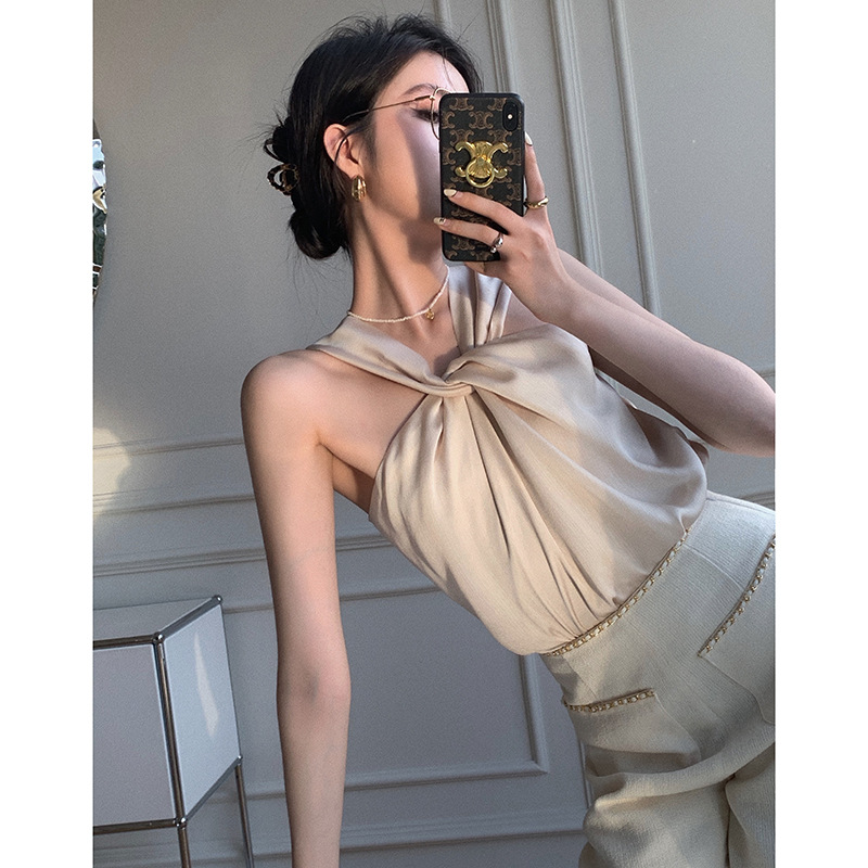 Korean Style Pure Lustrous Pleated Halterneck Vest