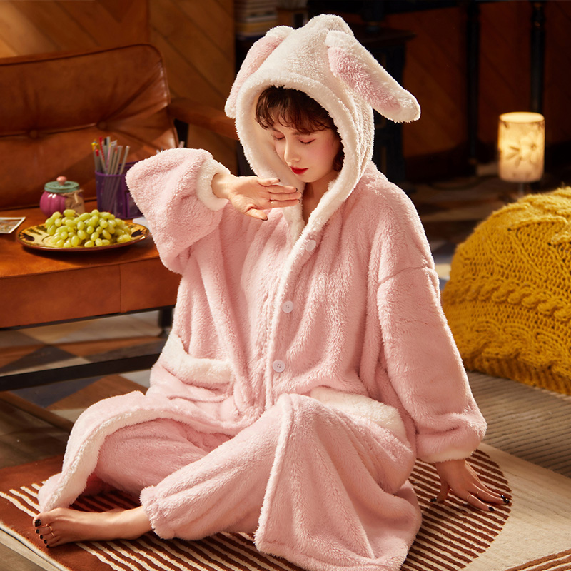 Title 4, Cute Flannel Long Nightgown Home Service Set