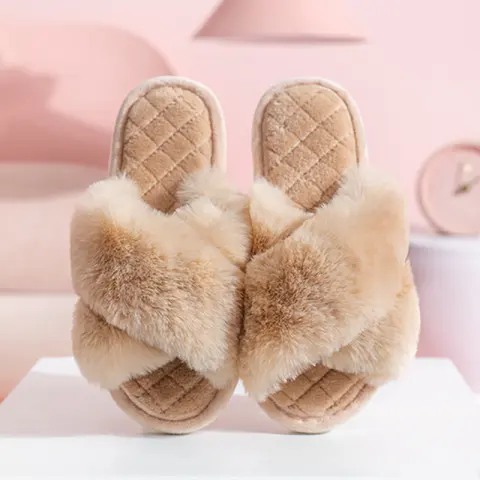 Cross-strap Furry Slippers Warm House Shoes for Women Winter