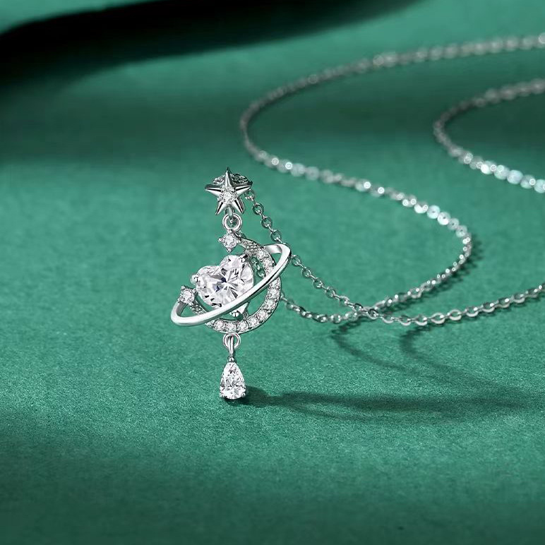 S999 Sterling Silver Dreamy Moon & Heart Necklace For Women, Luxury Elegant Clavicle Chain, Summer Versatile Jewelry