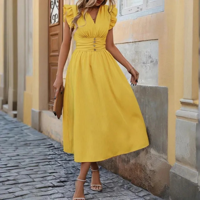 Women's Solid Color Sleeveless V Neck Dress High Waist Ruffled Hem Boho Flowy Summer Dress With Shoulder Frills, Casual & Party Dress Yellow - Shop at LoveMi