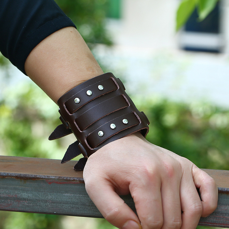 Title 2, Studded Punk Wide Leather Leather Bracelet Exag...