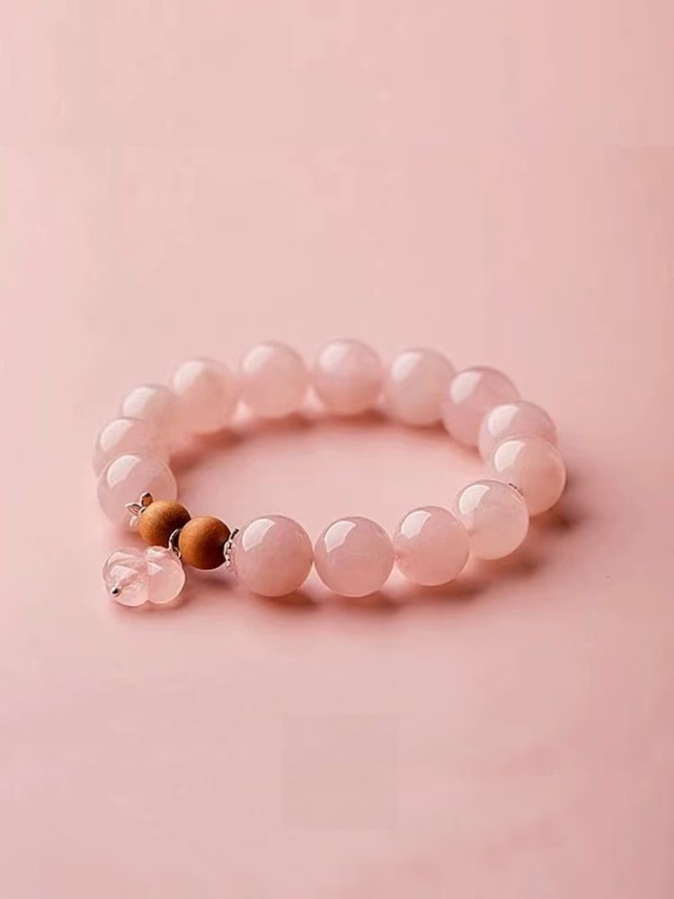 Natural Rose Quartz Bracelet Sandalwood Bead Four Leaf Clover Pendant Round Beaded Chain Love Energy Jewelry For Women
