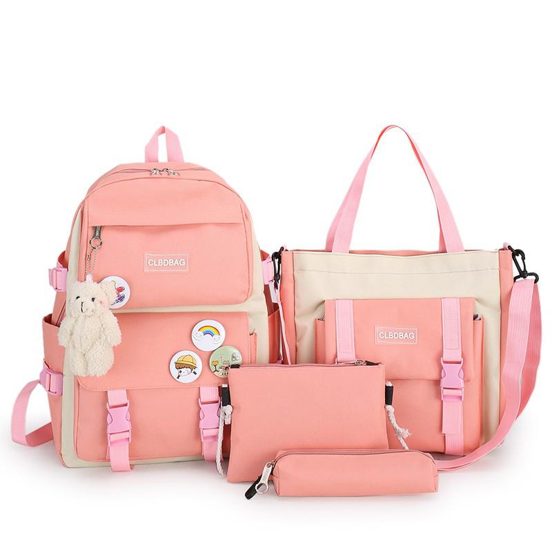 Four piece Large capacity Nylon Backpack For Junior High School Students Pink - Shop at LoveMi