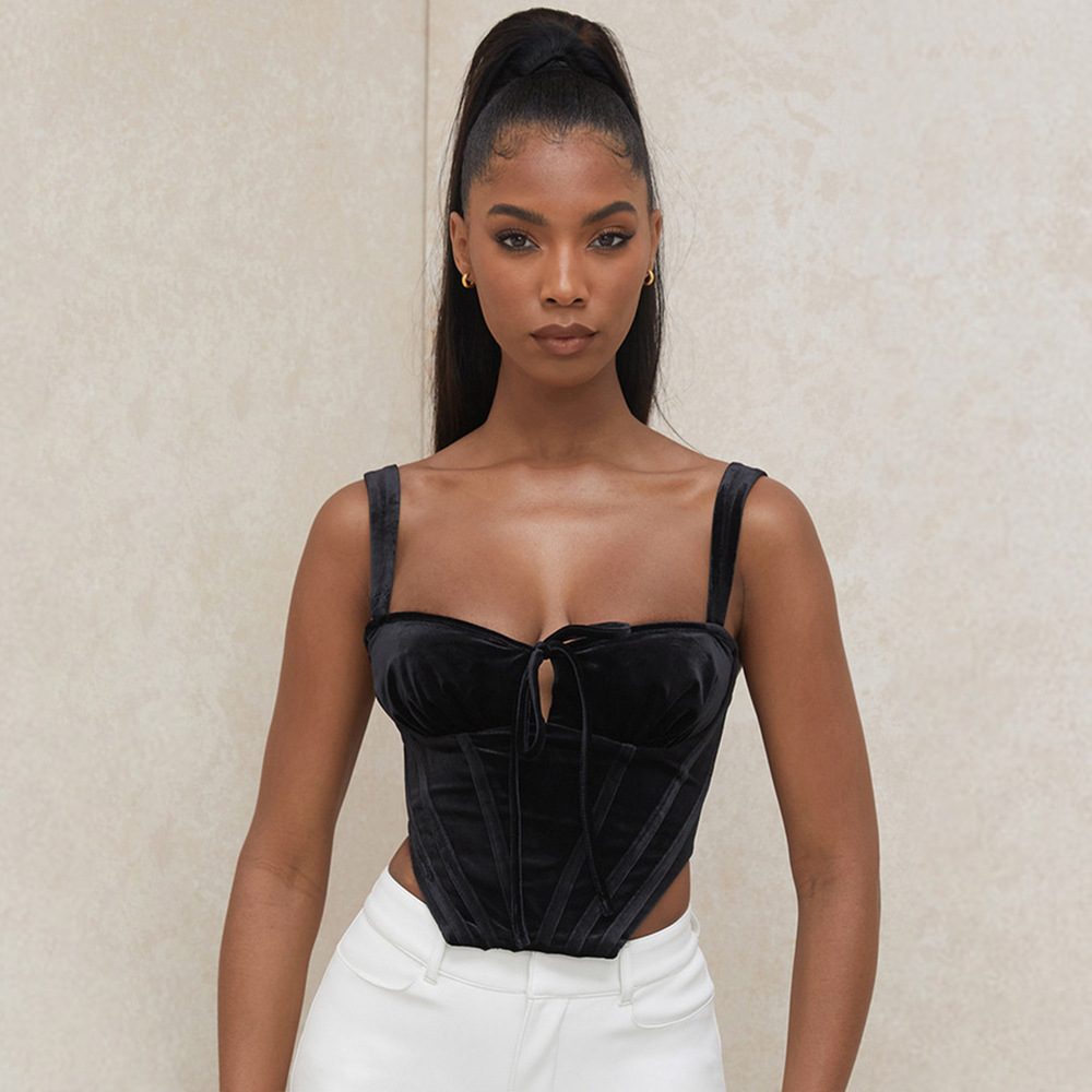 Gold Velvet Cropped Sling Fish Bone Sexy Autumn winter Blouse Women