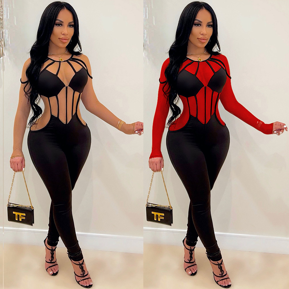 Women's Mesh Colorblock See-through Long Sleeve Jumpsuit