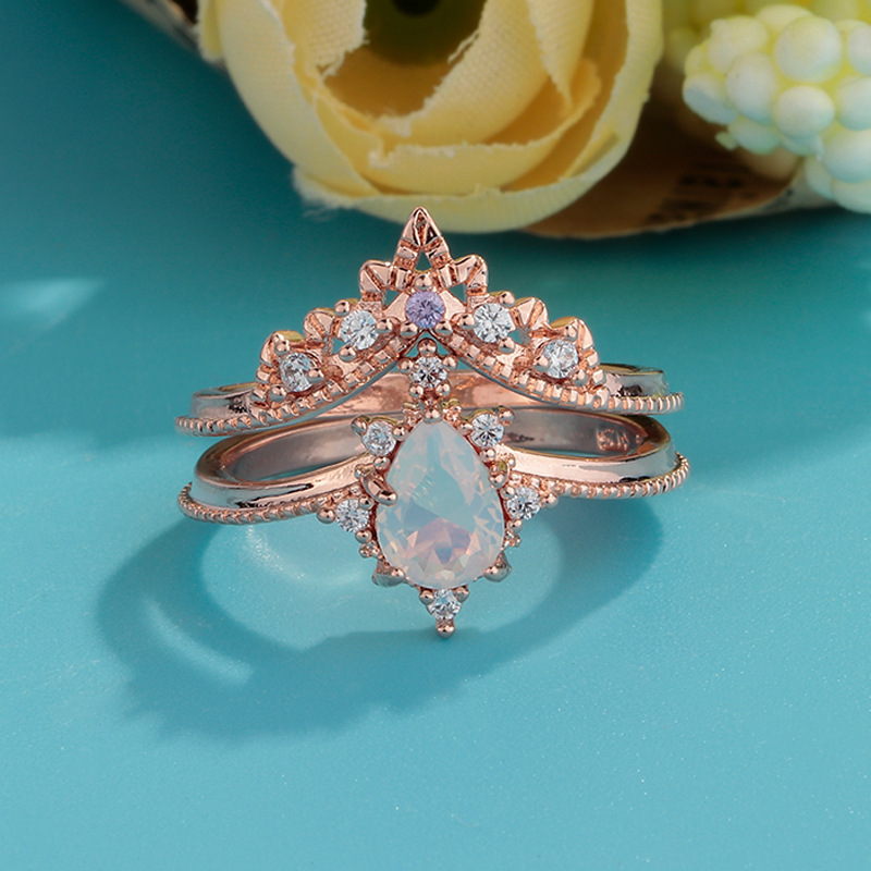 Moonstone Crown Double Combination Women's Copper Rose Gold Plated Ring