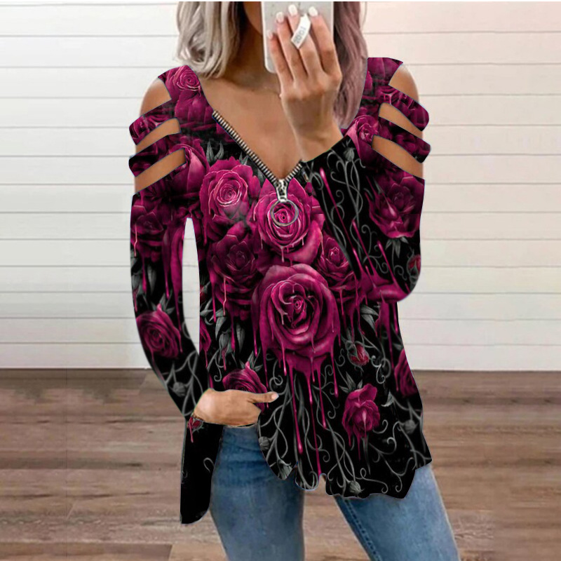 Title 6, Ladies Liquid Rose Petal Hollow Long Sleeve T-S...