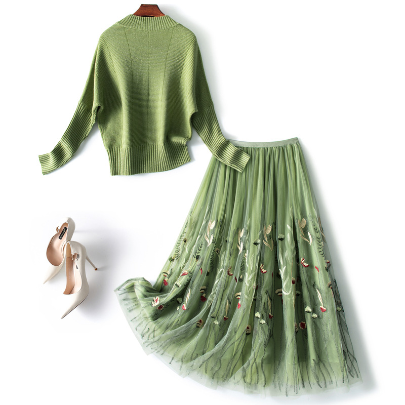 Title 2, Green Sweater Skirt Two-piece Knitted Set for W...