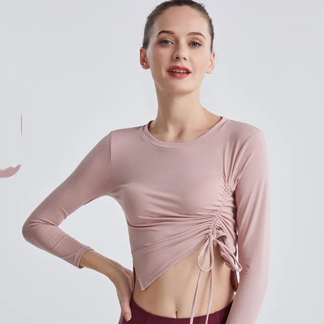 Slimming Bow Drawstring Skinny Long Sleeve Top Bean Paste Powder - Shop at LoveMi
