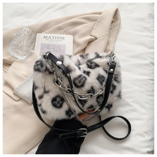 Winter Plush Bags Chain Shoulder Bag Women Flowers Print Handbags White - Shop at LoveMi