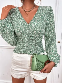Long Sleeve V Neck Floral Top T Shirt Women - Green - View 1