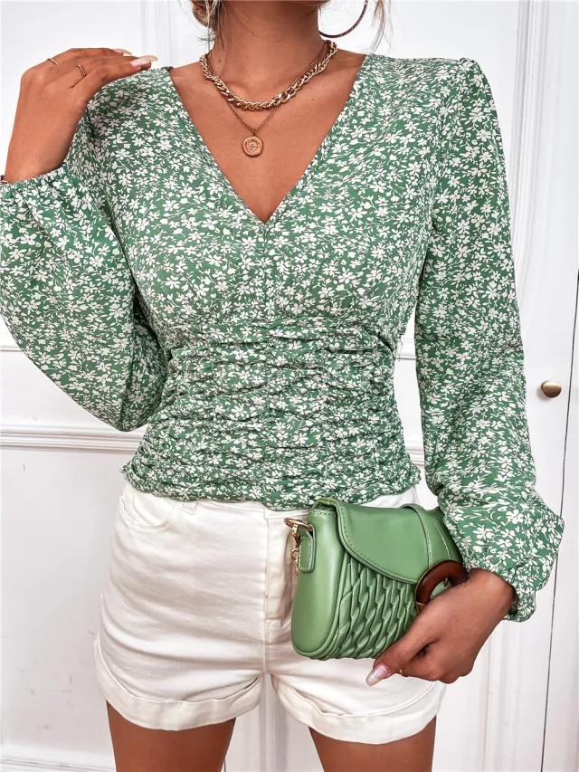 Long Sleeve V Neck Floral Top T Shirt Women Green - Shop at LoveMi