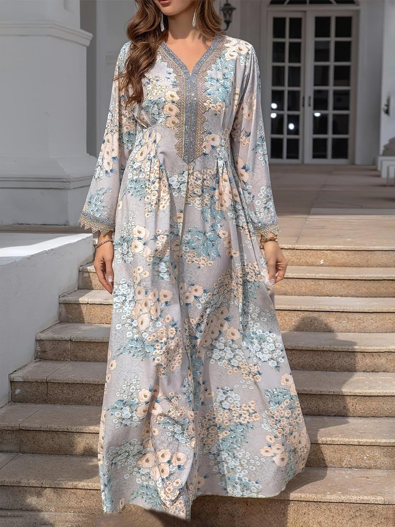 Women Woven V Neck Long Sleeve Maxi Dress Floral Print Lace Cuff Long Dress
