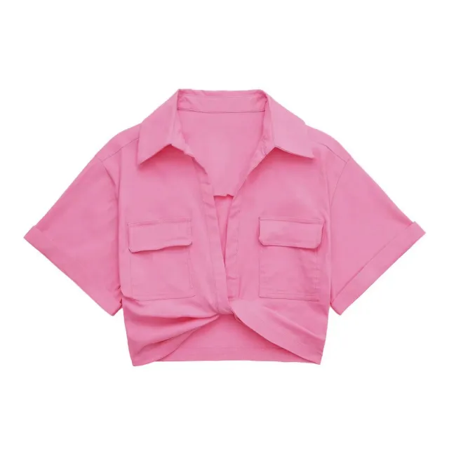 Solid Color Versatile Knot Embellishment Double Pocket Short Sleeved Shirt Pink - Shop at LoveMi