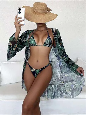 Tropical Triangle Bikini Swimsuit Kimono Green - Shop at LoveMi