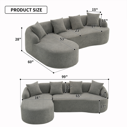 LY-022 GREY COMPRESSION SOFA Combining Chaise Longue With 3-seater, Wood Grain Chenille Fabric, Full Sponge Compression Sofa,combined Sofa With 4 Pillows For Living Home Furniture Apartment - Image 9