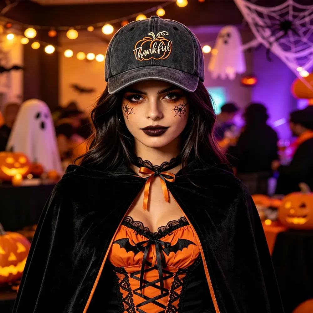 Thankful Pumpkin Embroidered Baseball Cap, Vintage Washed