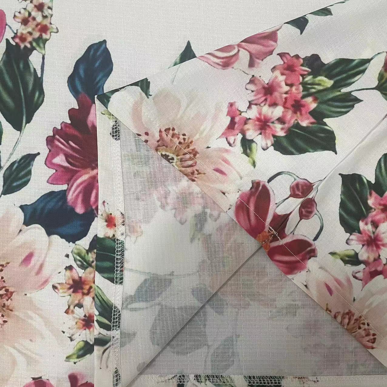 Floral Print Cotton Linen Short-Sleeve Mid-Length V-Neck Dress