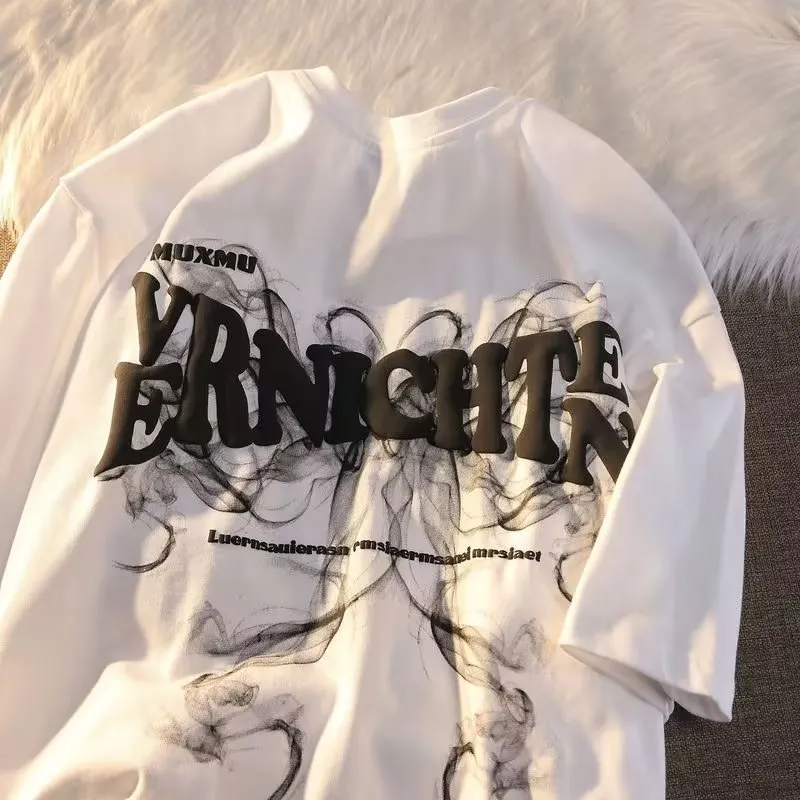Vintage Print Short Sleeves T-shirt Couple's Tops - White