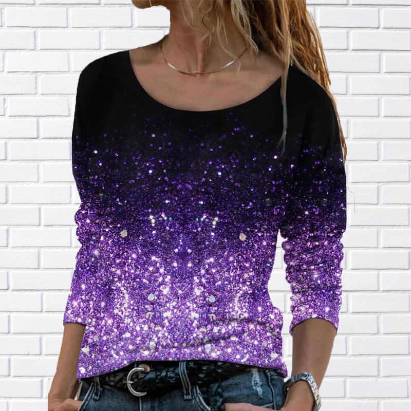 Flower Color Matching Printed Round Neck Long-sleeved T-shirt Women