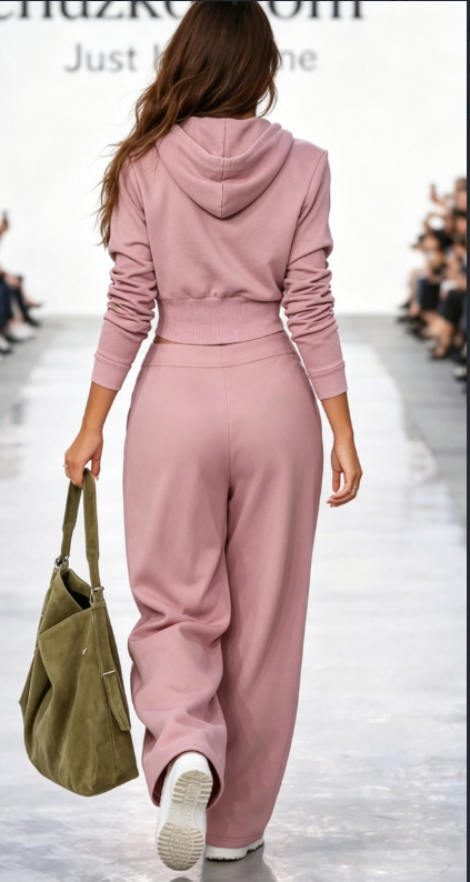 Soft Dusty Rose Casual Tracksuit, Cropped Hood Top Cross Waist Flowy Wide Leg Pants Co-ord Set