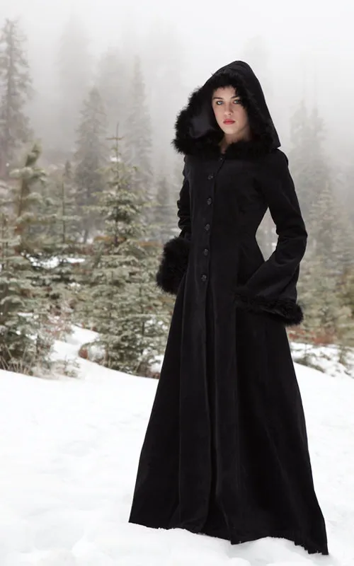 Retro Fur Collar Hooded Single breasted Solid Color Waisted Slim fit Windbreaker Jacket Black - Shop at LoveMi