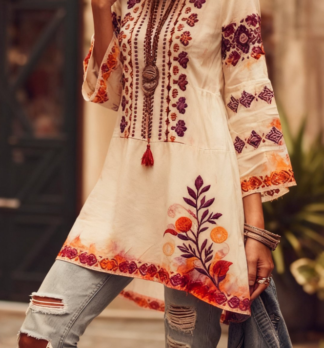 Ethnic Patterned Round Neck Bell Sleeve Casual Top