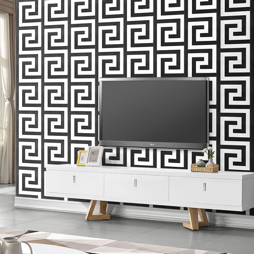 Debona Athena Greek Key Metallic Glitter Wallpaper All Colours-White Black — image 3
