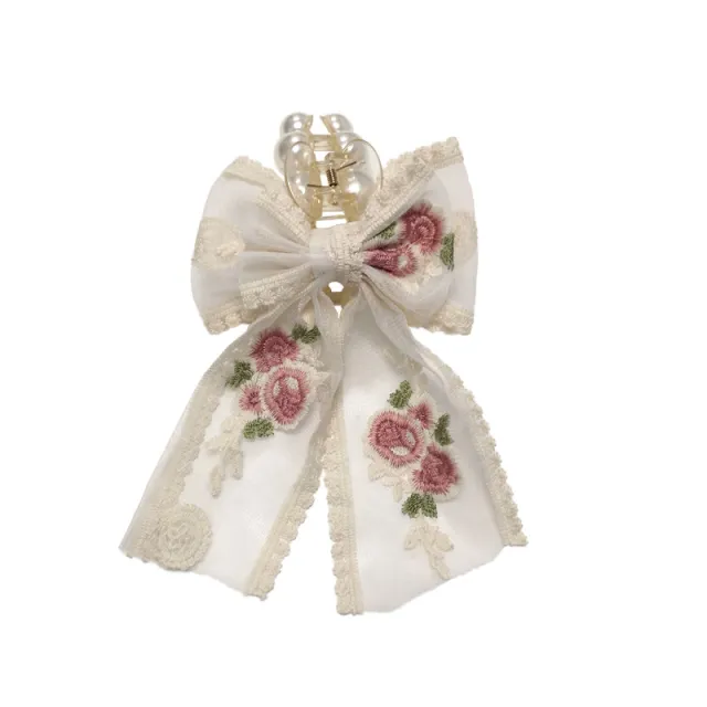 Women's Sweet Lace Flower Bow Large Grab Hair Clip Embroidered Bow Pearl Grabber - Shop at LoveMi
