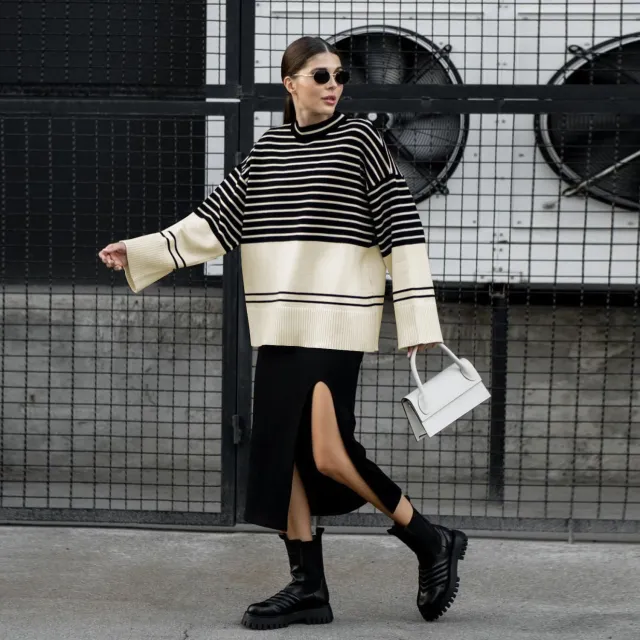 Women's Turtleneck Knitted Striped Loose Sweater Shallow Apricot Base - Shop at LoveMi